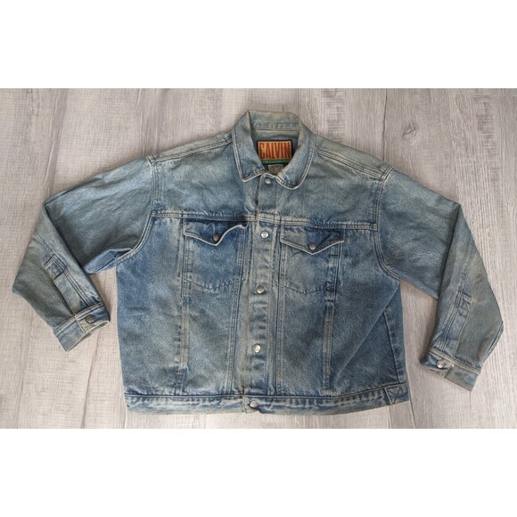 Vintage Calvin Klein Silver Snap Buttons Distressed Denim Jean Jacket Mens Sz L - Picture 1 of 12